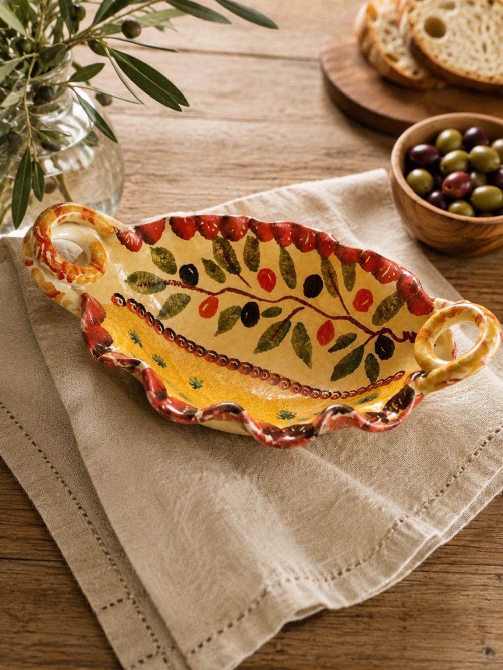 Italica Ars Deruta Italy Hand Painted Majolica Olive Serving Bowl 9.5”
